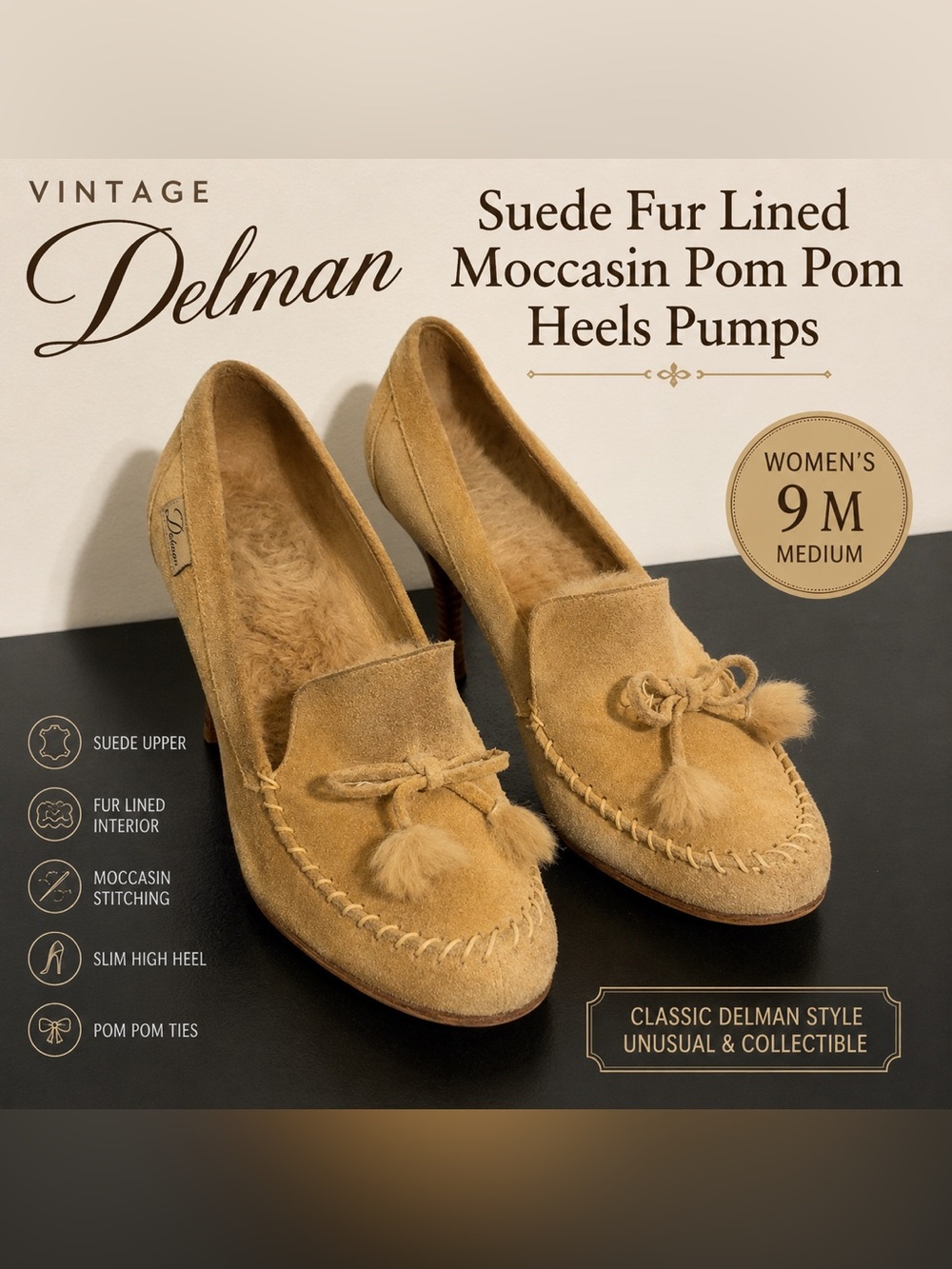 Vintage Delman Women’s 9M Suede Fur Lined Moccasin Pom Pom Heels Pumps Tan
